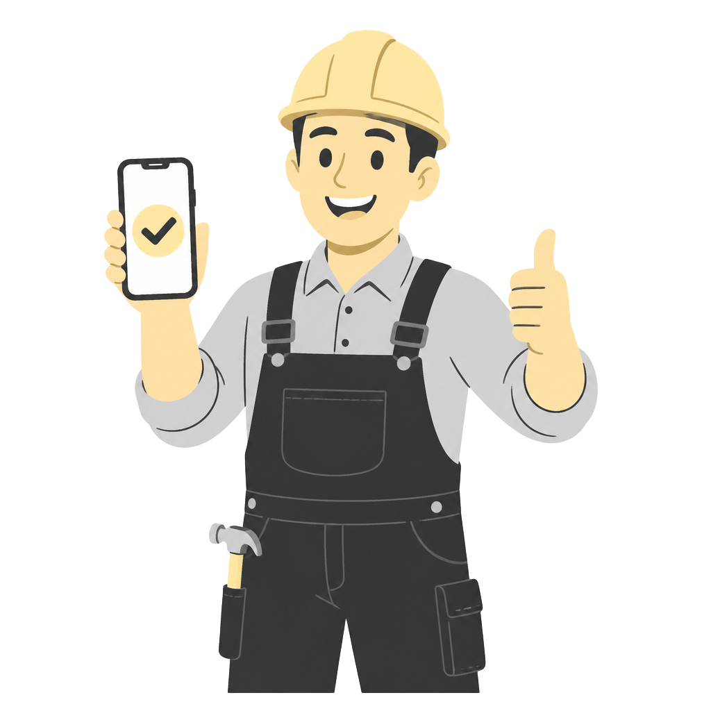 Operaio cartoon contento con smartphone
